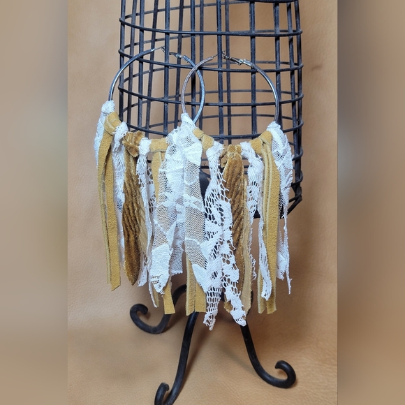 Bohemian Gypsy Rag Leather Lace & Velvet  Hoop Earrings Artisian - Picture 2 of 11